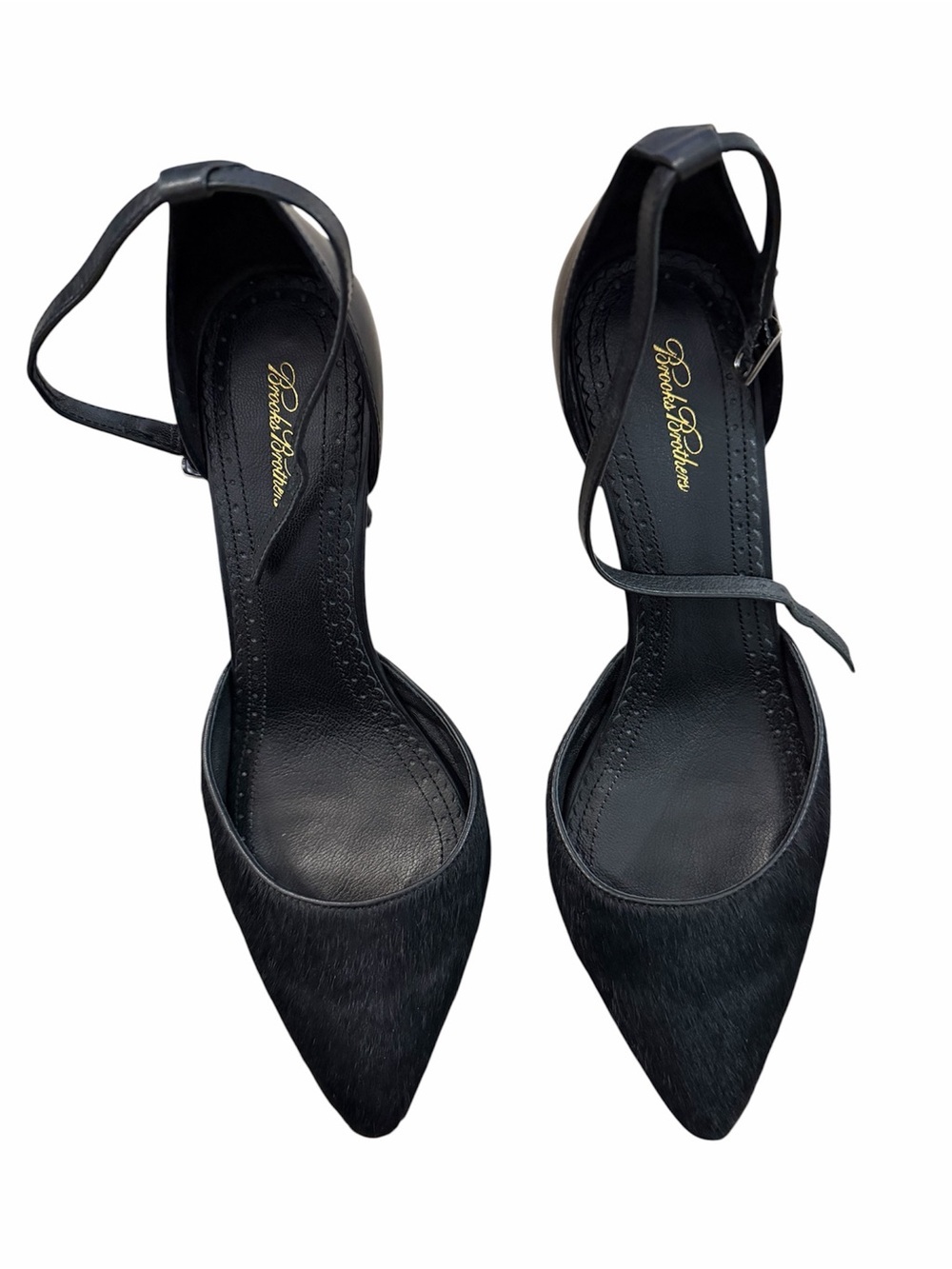 Brooks Brothers Black Haircalf Pointed-Toe‎ Ankle Strap Heels Size 8 Luxurious